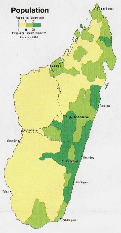 Madagaskar mapę gęstości zaludnienia 