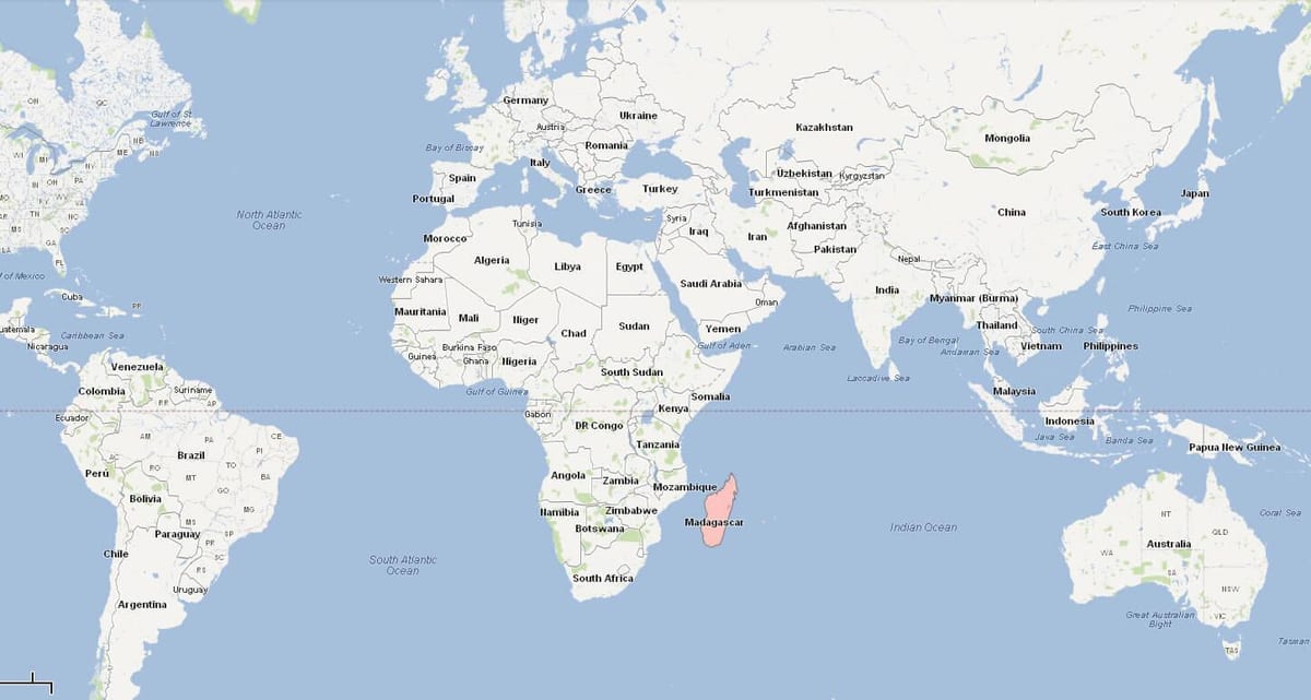 mapa świata pokazująca Madagaskar